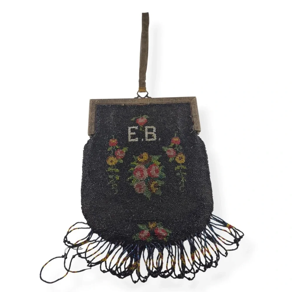 Antique Victorian Micro Beaded Purse Velvet Lining Monogram EB Double Sided 9
